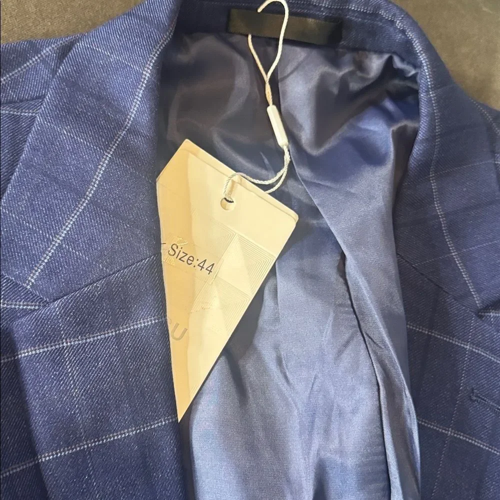 Men’s Blue Plaid 3 Piece Slim Fit Suit Notched Lapel Jacket 44 Pants 40 NEW